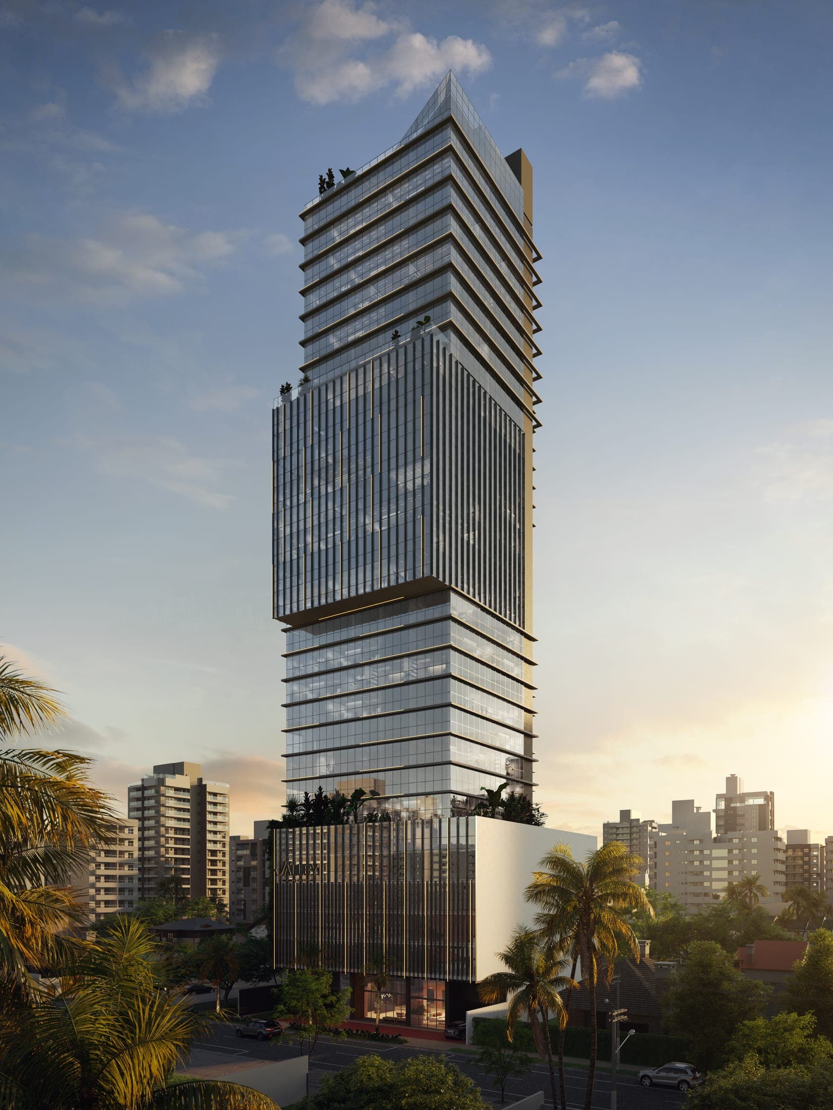 Fachada do Valley Business Center ao entardecer